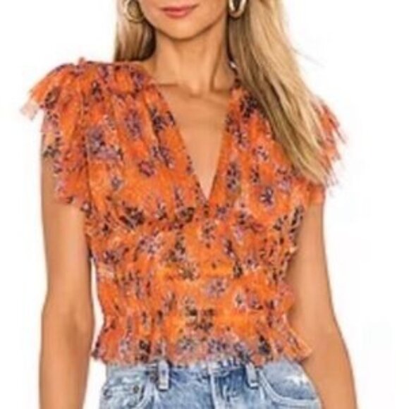 Free People Making Me Smile Floral Ruffle-Sleeve V-Neck Smocked Crop Top XS - Picture 14 of 14